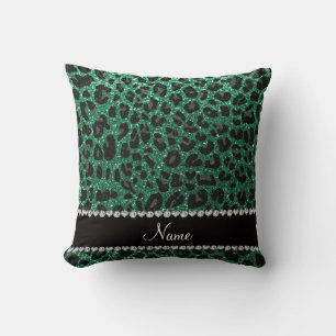 Custom name mint green glitter leopard print cushion