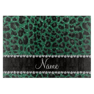 Custom name mint green glitter leopard print cutting board
