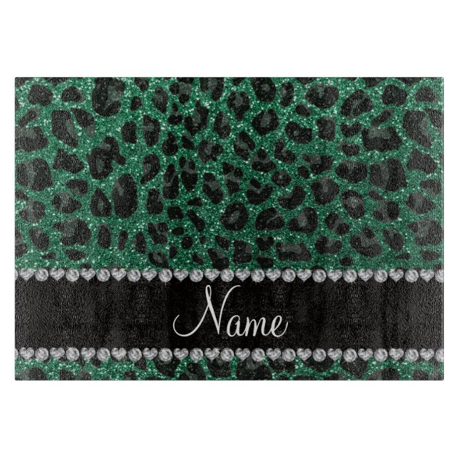 Custom name mint green glitter leopard print cutting board (Front)