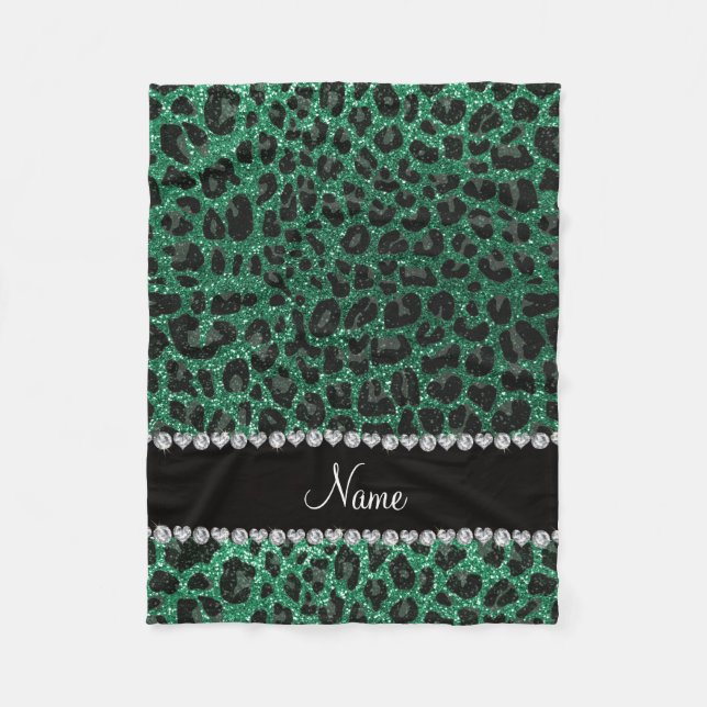 Custom name mint green glitter leopard print fleece blanket (Front)