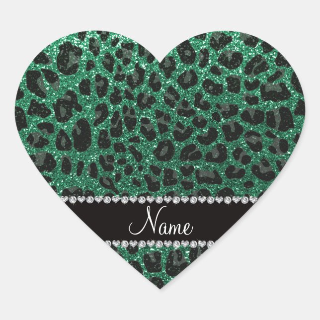 Custom name mint green glitter leopard print heart sticker (Front)
