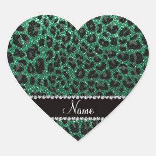 Custom name mint green glitter leopard print heart sticker