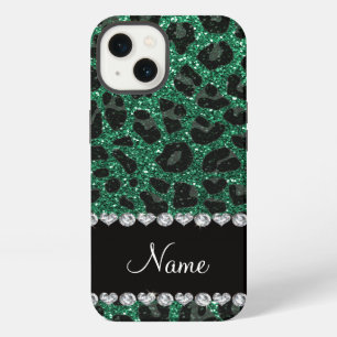 Custom name mint green glitter leopard print iPhone case