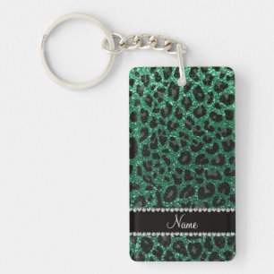 Custom name mint green glitter leopard print key ring