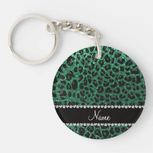 Custom name mint green glitter leopard print key ring