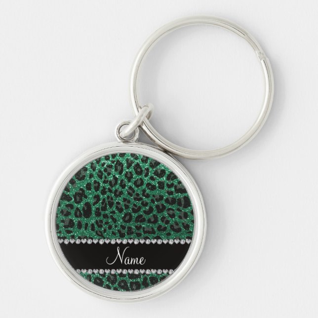 Custom name mint green glitter leopard print key ring (Front)