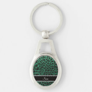 Custom name mint green glitter leopard print key ring