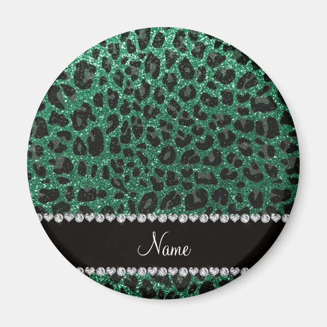 Custom name mint green glitter leopard print magnet (Front)