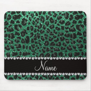 Custom name mint green glitter leopard print mouse pad