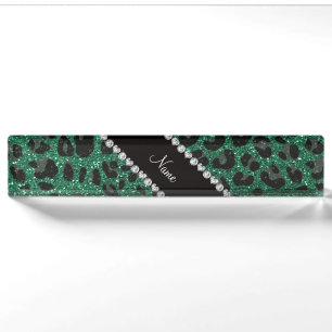 Custom name mint green glitter leopard print nameplate