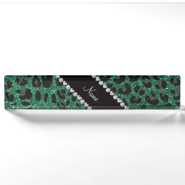 Custom name mint green glitter leopard print nameplate (Front)