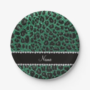 Custom name mint green glitter leopard print paper plate