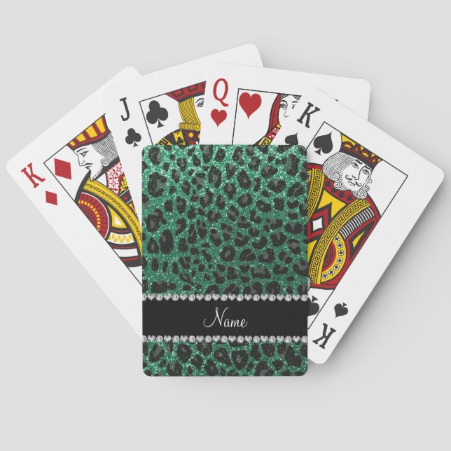 Custom name mint green glitter leopard print playing cards (Back)