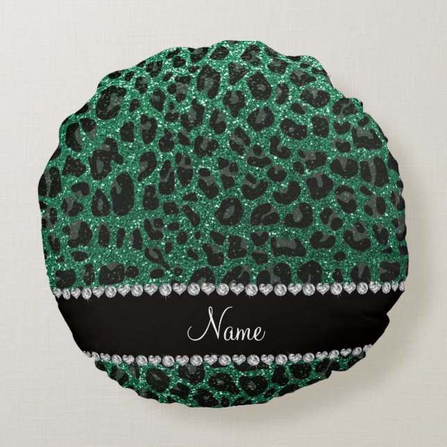 Custom name mint green glitter leopard print round cushion (Back)