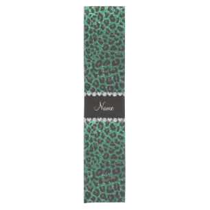 Custom name mint green glitter leopard print short table runner