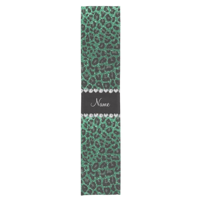 Custom name mint green glitter leopard print short table runner (Front)