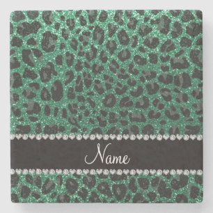 Custom name mint green glitter leopard print stone coaster
