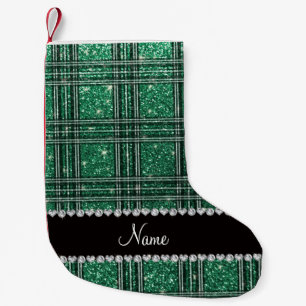 Custom name mint green glitter plaid small christmas stocking