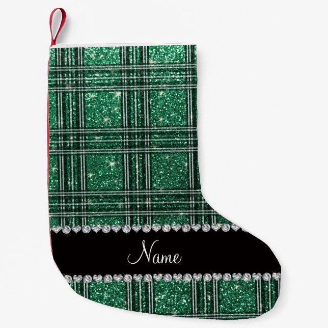 Custom name mint green glitter plaid small christmas stocking (Front)