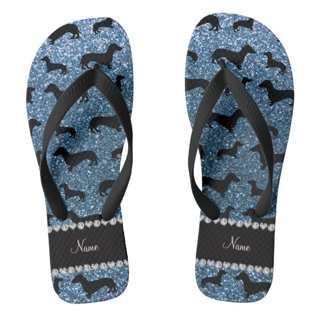 Custom name misty blue glitter dachshunds thongs (Footbed)