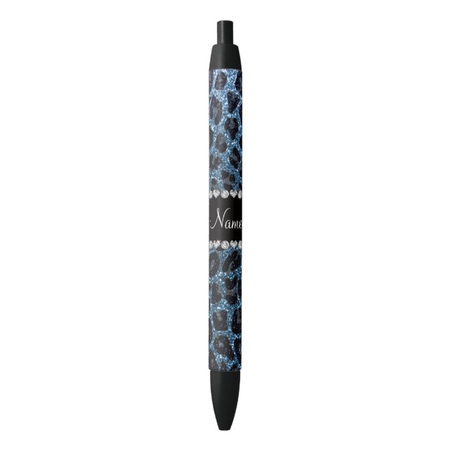 Custom name misty blue glitter leopard print black ink pen (Front Vertical)