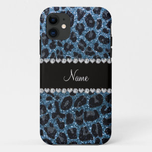 Custom name misty blue glitter leopard print iPhone 11 case