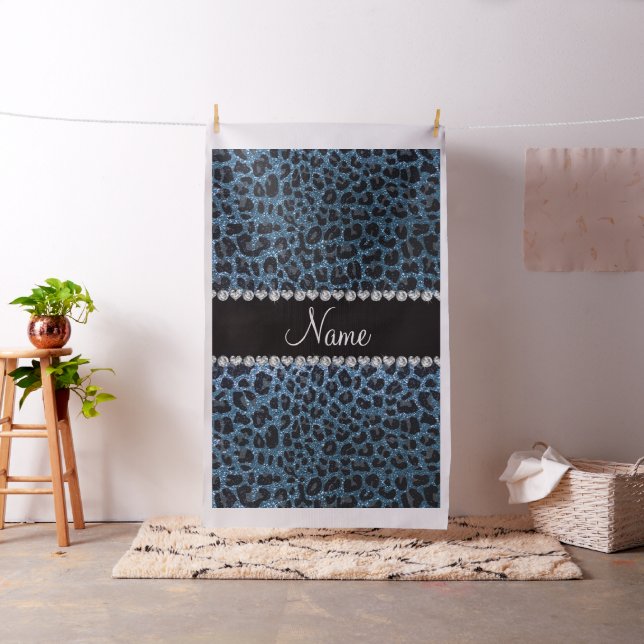 Custom name misty blue glitter leopard print fabric (In Situ)