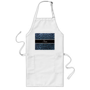 Custom name misty blue glitter leopard print long apron