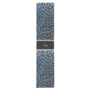 Custom name misty blue glitter leopard print short table runner