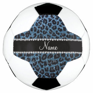 Custom name misty blue glitter leopard print soccer ball