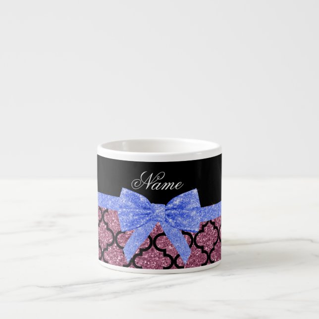 Custom name misty pink glitter moroccan blue bow espresso cup (Front)