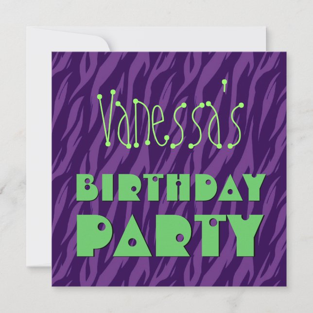Custom Name Modern Birthday Purple Green Zebra Invitation (Front)