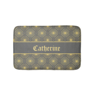 Custom Name Modern Geometric Pastel Gray & Yellow Bath Mat