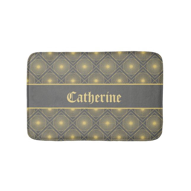 Custom Name Modern Geometric Pastel Gray & Yellow Bath Mat (Front)