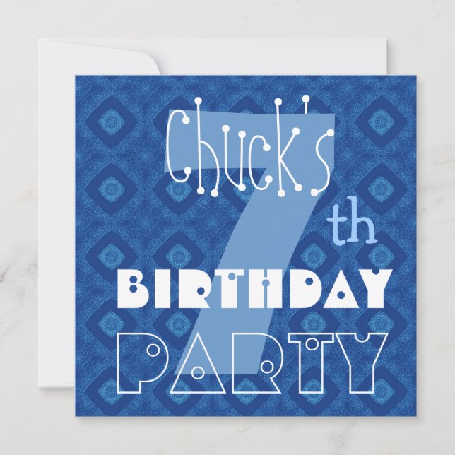 Custom Name Modern Kid's 7th Birthday Blue Stars 3 Invitation (Front)