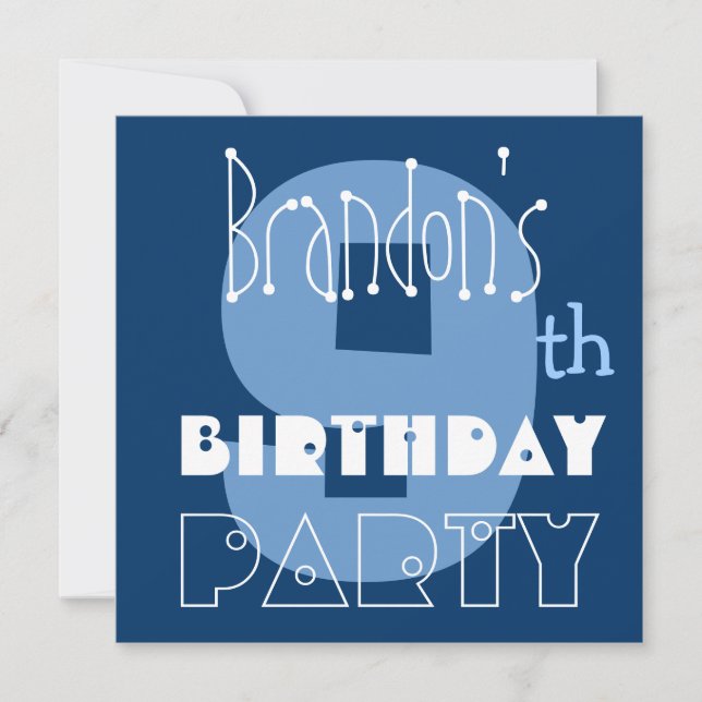 Custom Name Modern Kid's 9th Birthday Blue Invitation (Front)