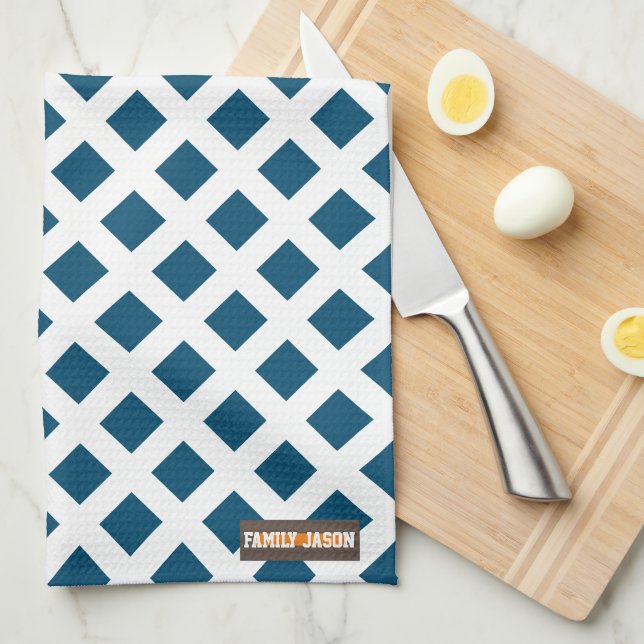 Custom name modern navy blue white stylish pattern tea towel (Quarter Fold)
