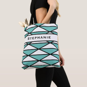 Custom Name Modern Teal Chic Geometric Pattern Tote Bag