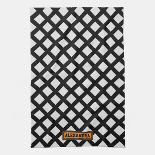 Custom name modern trendy pattern black white chic tea towel