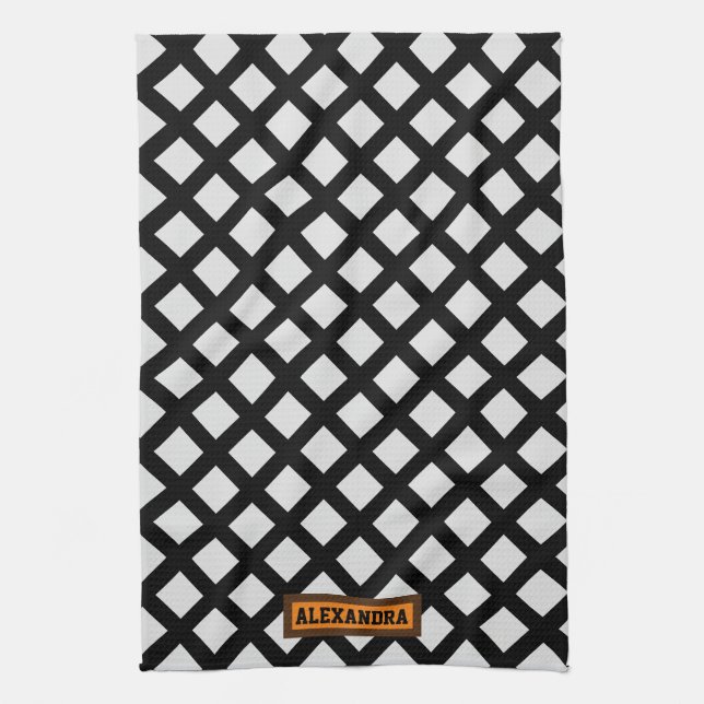 Custom name modern trendy pattern black white chic tea towel (Vertical)
