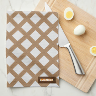 Custom name modern trendy pattern white brown chic tea towel