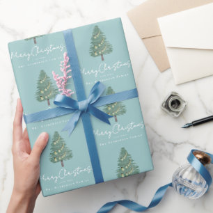 Custom Name Modern Watercolor Christmas Tree Blue Wrapping Paper