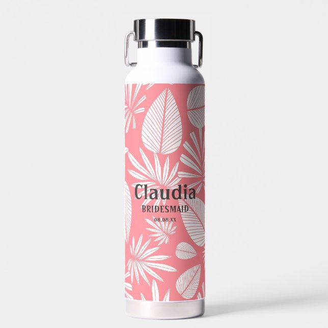 Custom Name Modern Wedding Pink and White Water Bottle (Front)