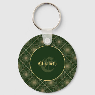 Custom Name & Monogram Art Deco Green & Gold Key Ring