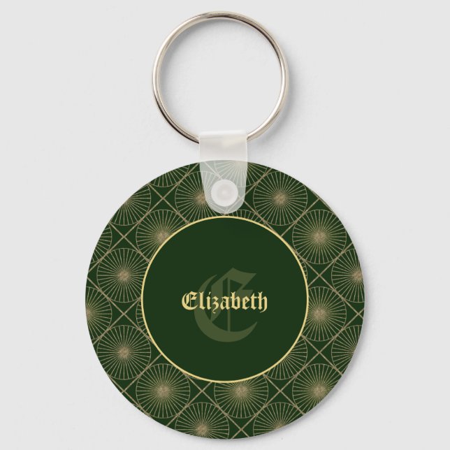Custom Name & Monogram Art Deco Green & Gold Key Ring (Front)
