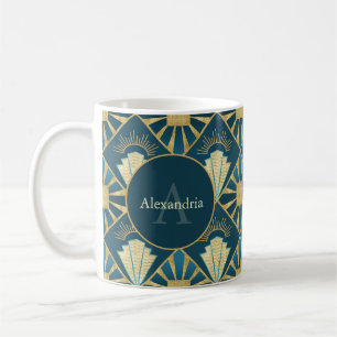 Custom Name & Monogram Art Deco Teal & Gold Coffee Mug
