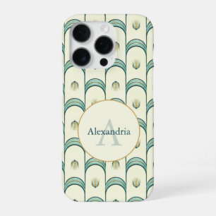 Custom Name & Monogram Art Deco Teal & Gold iPhone 16 Pro Case