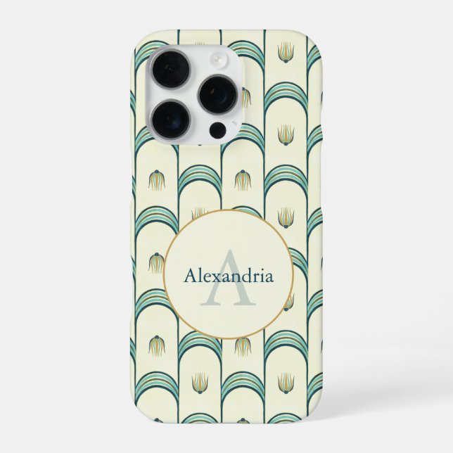 Custom Name & Monogram Art Deco Teal & Gold iPhone Case (Back)
