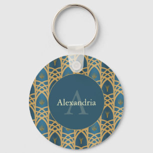 Custom Name & Monogram Art Deco Teal & Gold Key Ring
