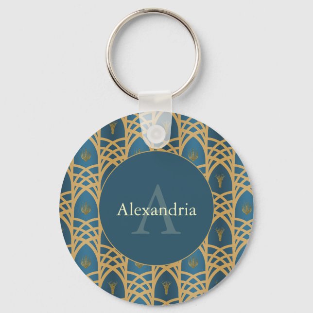 Custom Name & Monogram Art Deco Teal & Gold Key Ring (Front)